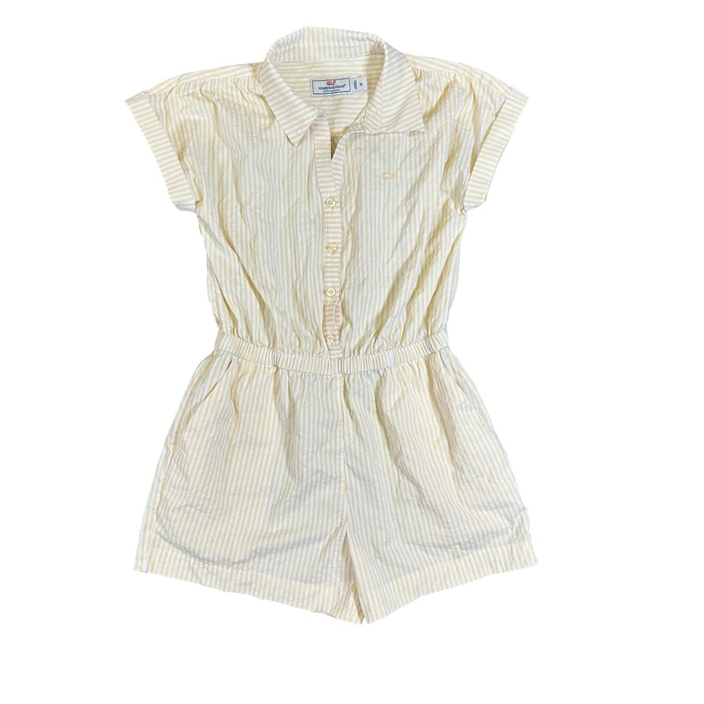 Vineyard Vines Performance Romper Yellow White Seersucker Stripe Womens Medium
